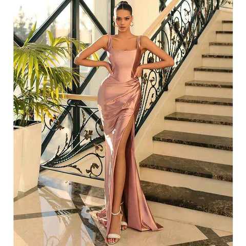 Double Straps Scoop Pleats Long Mermaid Prom Party Dress with Slit