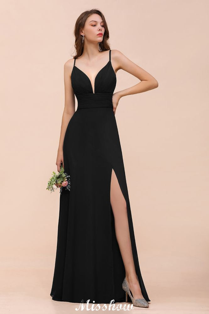 Vestido de dama de honor negro con doble escote en V y abertura frontal para fiesta formal de boda