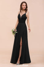 Vestido de dama de honor negro con doble escote en V y abertura frontal para fiesta formal de boda