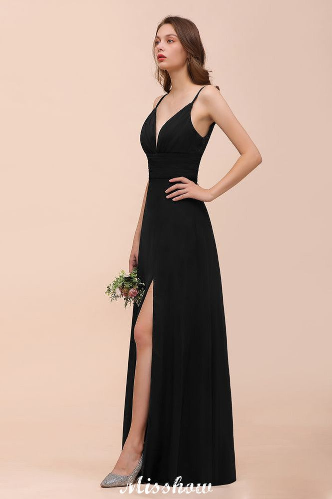 Vestido de dama de honor negro con doble escote en V y abertura frontal para fiesta formal de boda