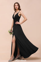 Vestido de dama de honor negro con doble escote en V y abertura frontal para fiesta formal de boda