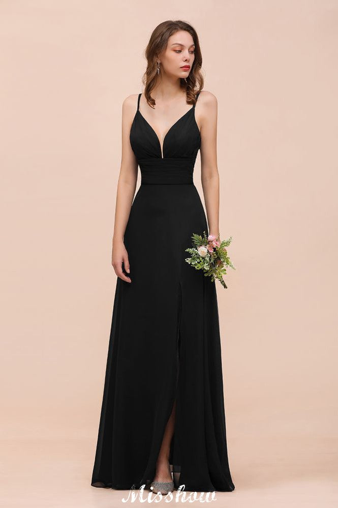 Vestido de dama de honor negro con doble escote en V y abertura frontal para fiesta formal de boda