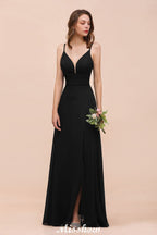 Vestido de dama de honor negro con doble escote en V y abertura frontal para fiesta formal de boda