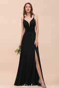 Vestido de dama de honor negro con doble escote en V y abertura frontal para fiesta formal de boda