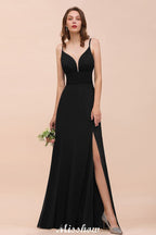 Vestido de dama de honor negro con doble escote en V y abertura frontal para fiesta formal de boda