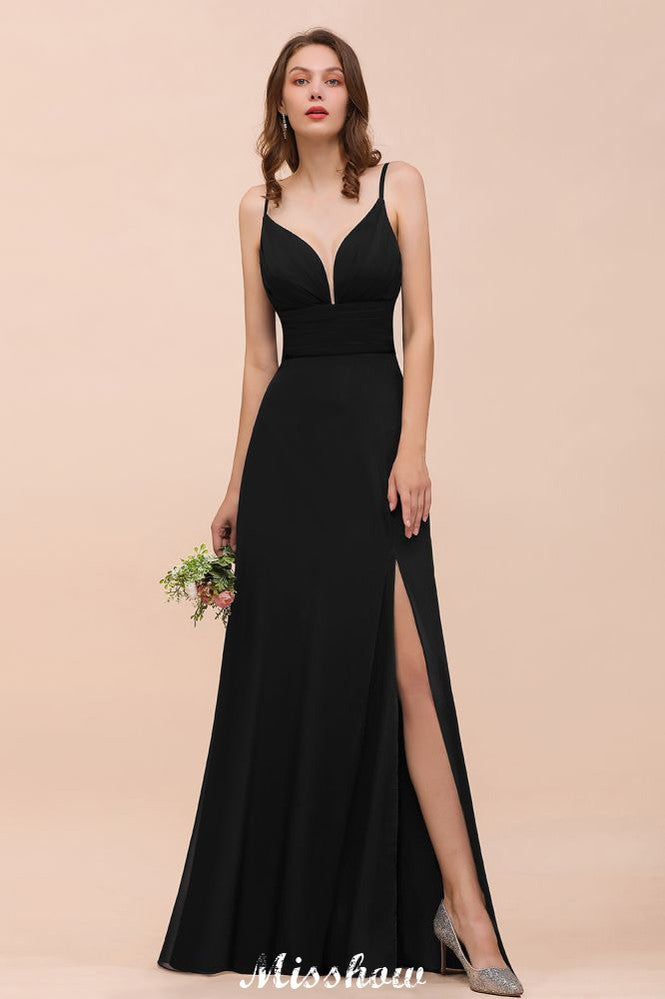 Vestido de dama de honor negro con doble escote en V y abertura frontal para fiesta formal de boda