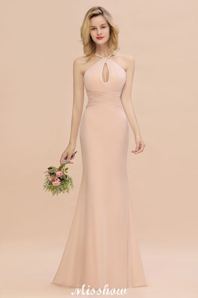 Robe de demoiselle d'honneur sirène moulante à col halter, longueur au sol, style rêveur