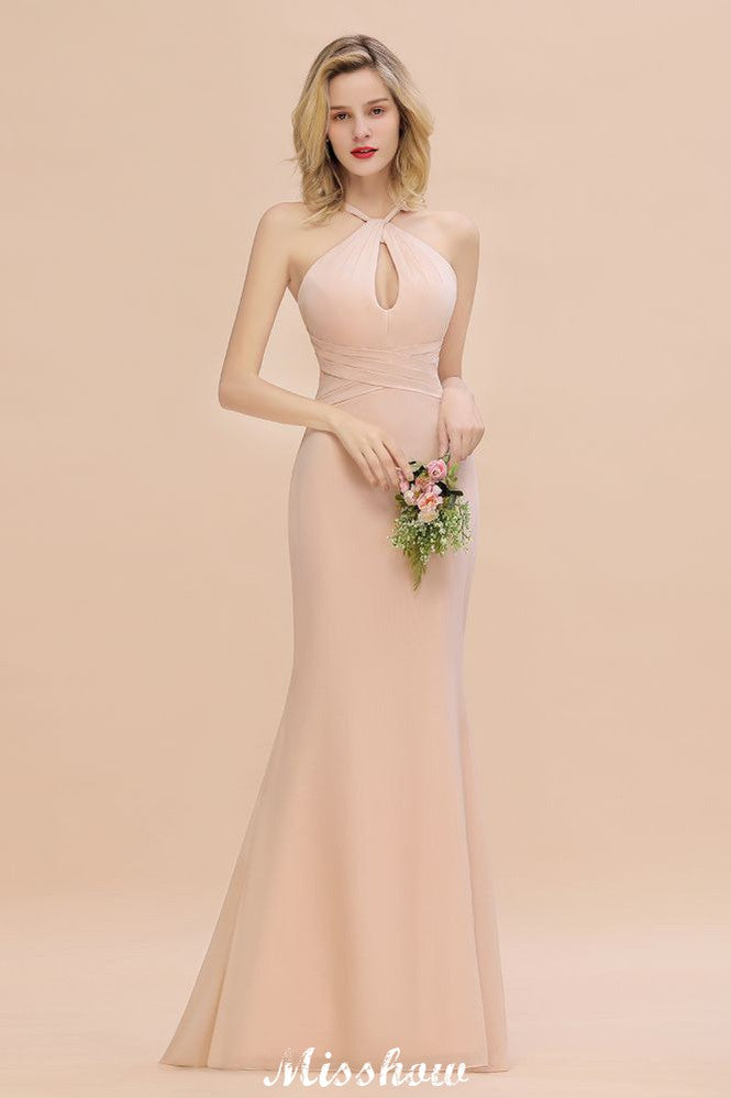 Vestido de fiesta largo hasta el suelo de sirena ajustada con escote halter de ensueño para damas de honor