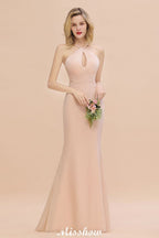 Vestido de fiesta largo hasta el suelo de sirena ajustada con escote halter de ensueño para damas de honor