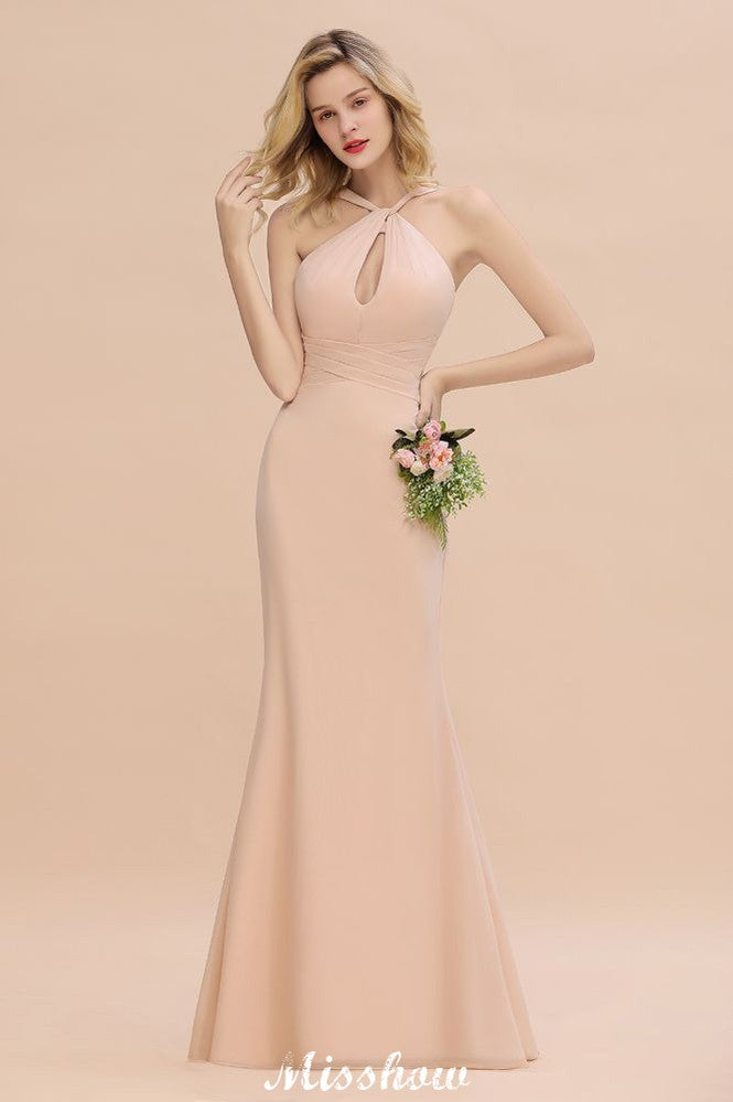 Robe de demoiselle d'honneur sirène moulante à col halter, longueur au sol, style rêveur