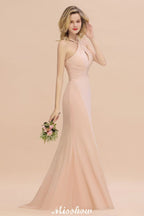 Vestido de fiesta largo hasta el suelo de sirena ajustada con escote halter de ensueño para damas de honor