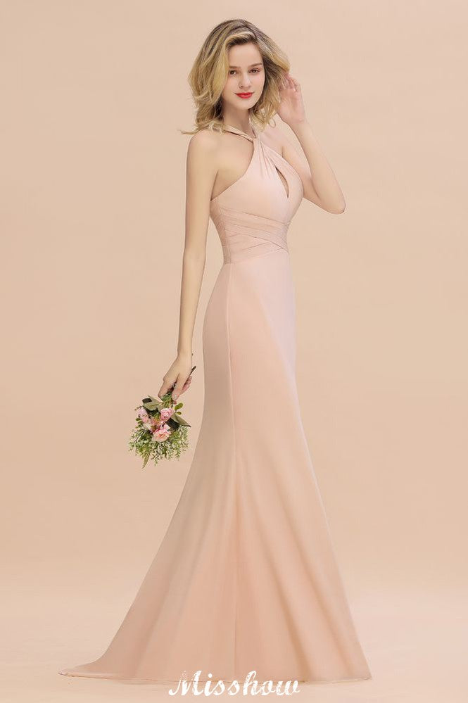 Vestido de fiesta largo hasta el suelo de sirena ajustada con escote halter de ensueño para damas de honor