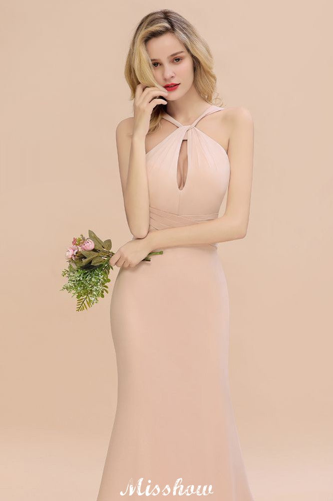 Vestido de fiesta largo hasta el suelo de sirena ajustada con escote halter de ensueño para damas de honor