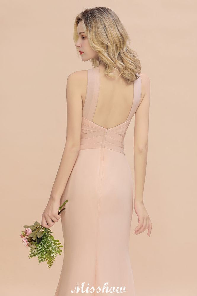 Vestido de fiesta largo hasta el suelo de sirena ajustada con escote halter de ensueño para damas de honor