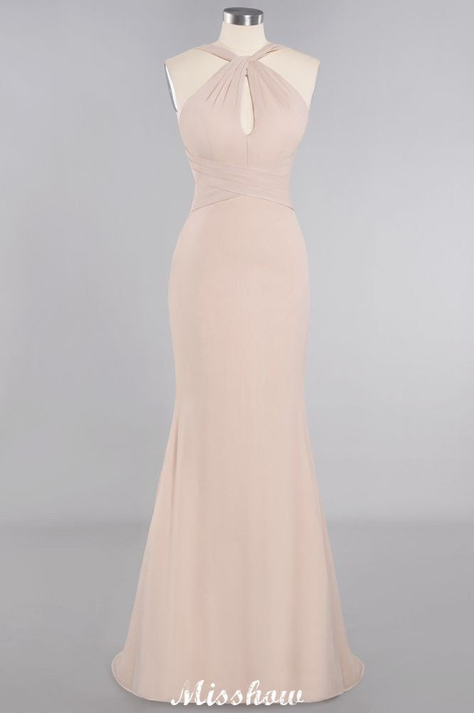 Vestido de fiesta largo hasta el suelo de sirena ajustada con escote halter de ensueño para damas de honor