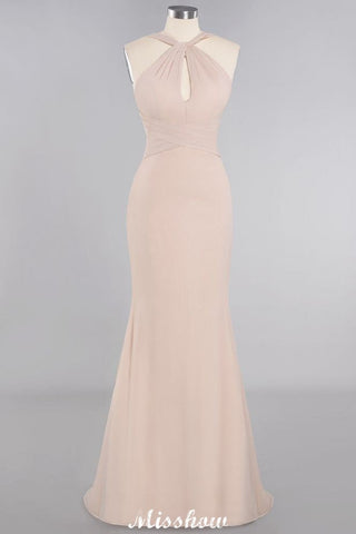 Vestido de fiesta largo hasta el suelo de sirena ajustada con escote halter de ensueño para damas de honor