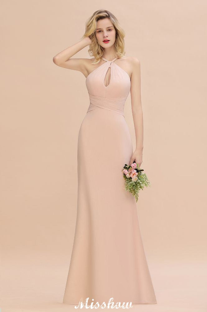 Robe de demoiselle d'honneur sirène moulante à col halter, longueur au sol, style rêveur