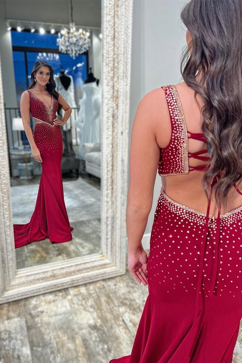 Mermaid V-Neck Beaded Jersey Prom Dress with Beading