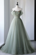 Drusilla | Robe de bal princesse en tulle brodé, épaules dénudées, couleur sauge 
