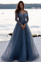 Vestido de fiesta azul grisáceo con lentejuelas, corte en A, mangas largas y escote corazón