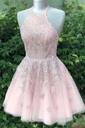 Vestido de fiesta de bienvenida PD359 de tul color rosa empolvado con tirantes finos, escote en V y corte en A