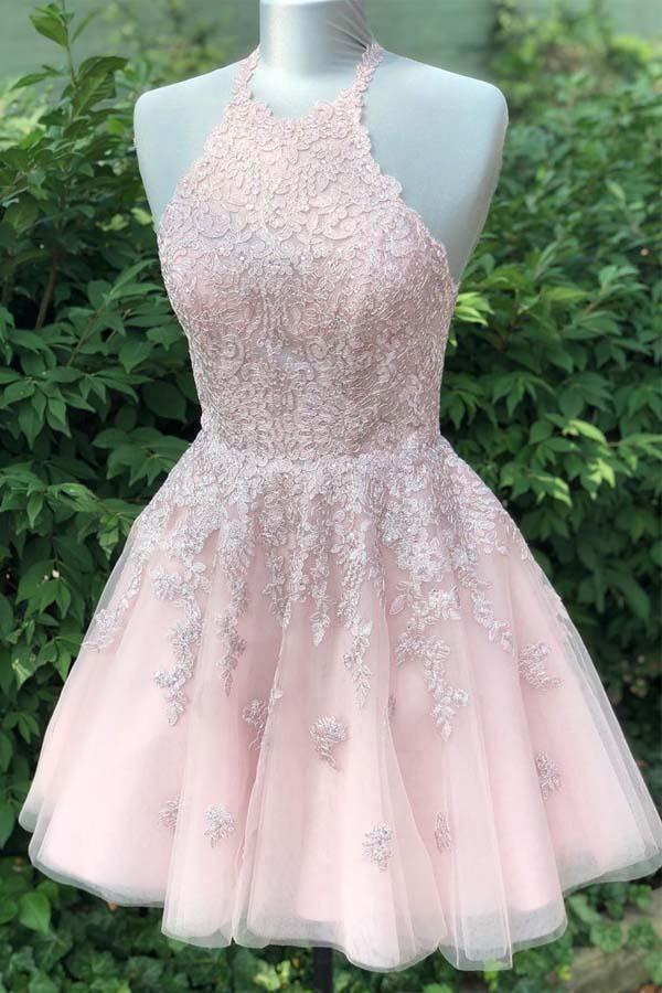 Vestido de fiesta de bienvenida PD359 de tul color rosa empolvado con tirantes finos, escote en V y corte en A