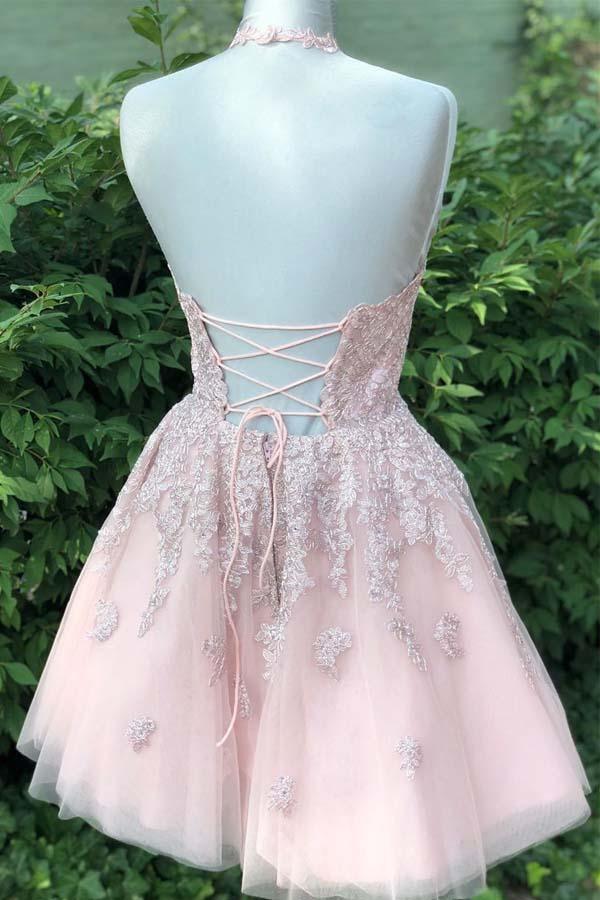 Vestido de fiesta de bienvenida PD359 de tul color rosa empolvado con tirantes finos, escote en V y corte en A