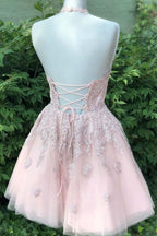 Vestido de fiesta de bienvenida PD359 de tul color rosa empolvado con tirantes finos, escote en V y corte en A
