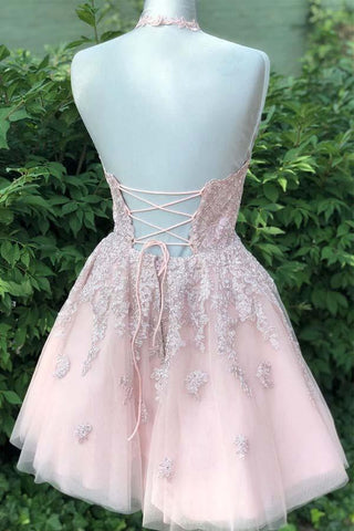 Dusty Blush Tulle Spaghetti Straps V-Neck A-Line Homecoming Dress PD359