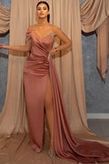 Vestidos de fiesta sirena largos con abertura y un solo hombro en color rosa empolvado
