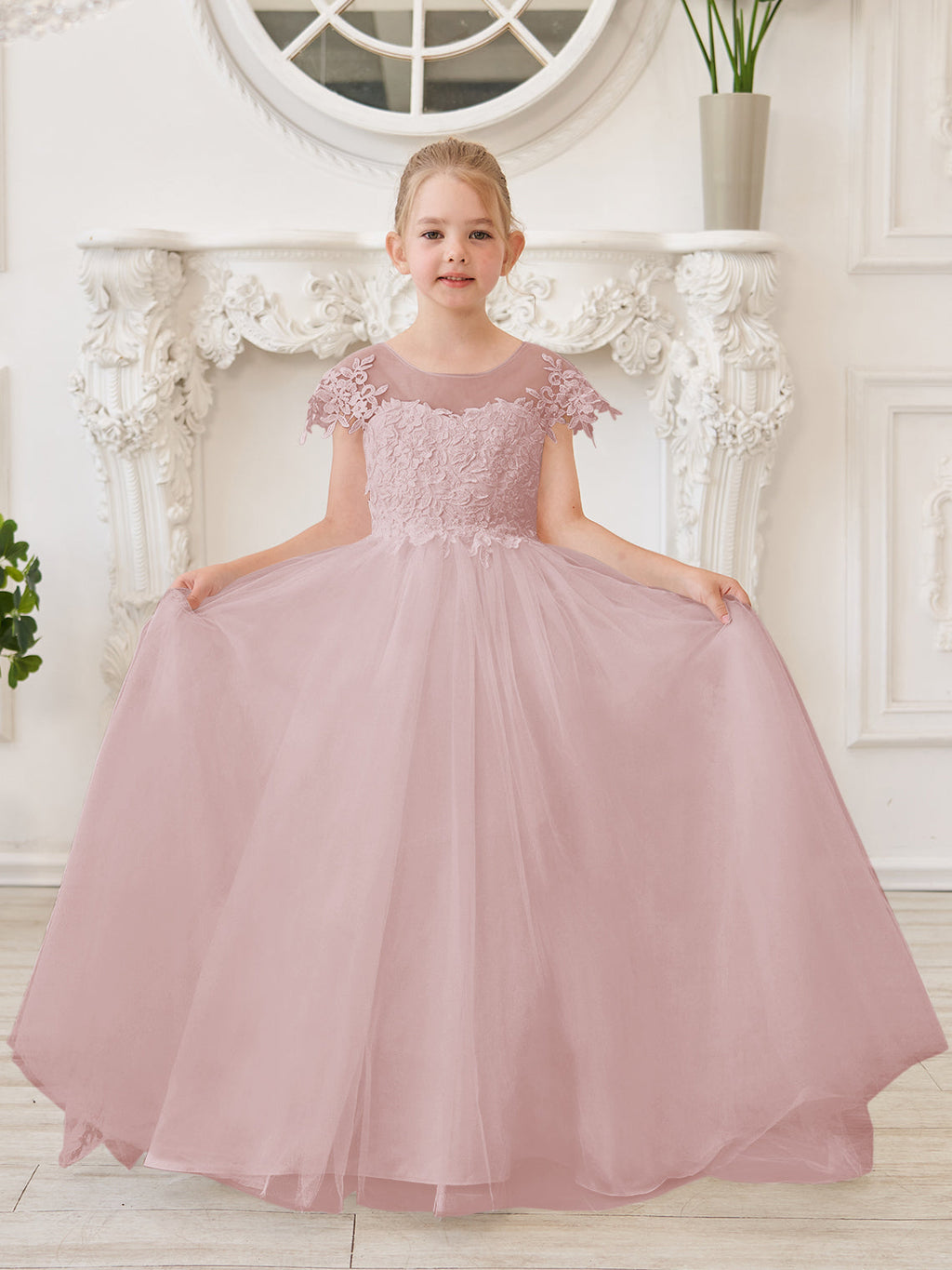 Vestido de niña de las flores para la Primera Comunión, color marfil, con cola desmontable estilo princesa. 