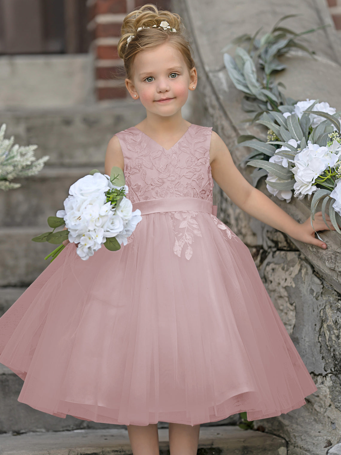 Vestido de niña de las flores sin mangas de tul y encaje hasta la rodilla 