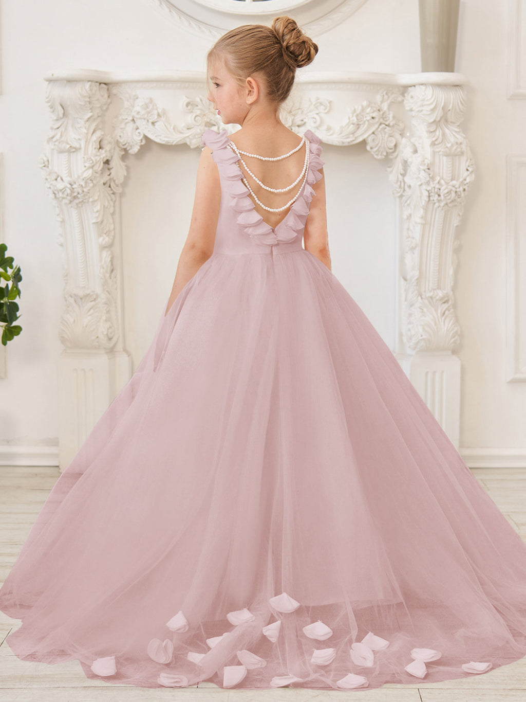 Elegante vestido blanco de tul para niña de las flores con cola corta 