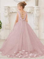 Elegante vestido blanco de tul para niña de las flores con cola corta 