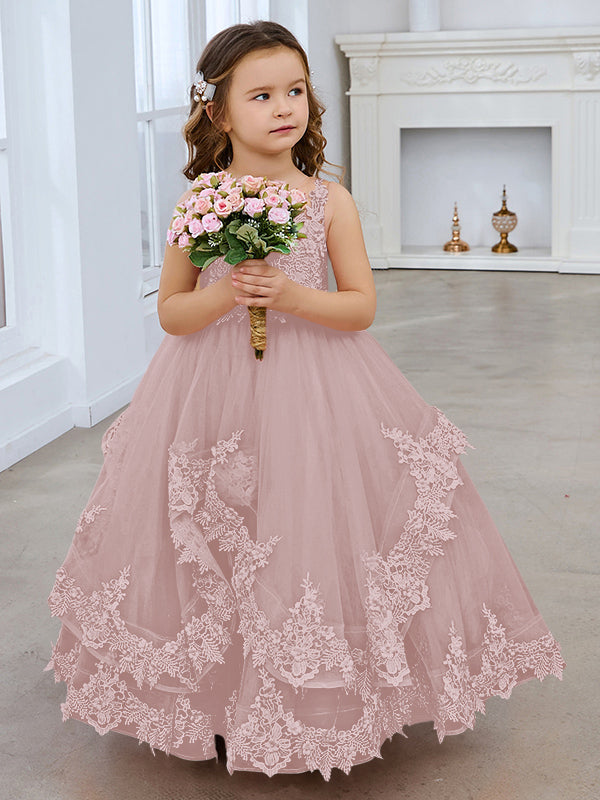 Vestido de princesa sin mangas de tul con apliques de encaje y cola corta para niñas 