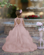 Vestido de niña de las flores de corte A, de satén y tul, hasta el suelo, con volantes en cascada. 