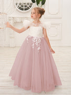 Vestido de niña de las flores con cola de tul y encaje desmontable 