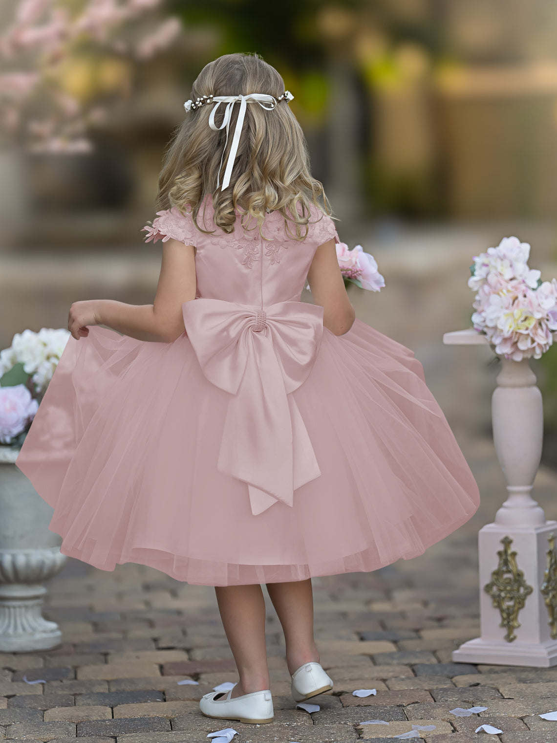 Vestido de niña de las flores de la Primera Comunión, color marfil, de tul satinado hasta la rodilla 