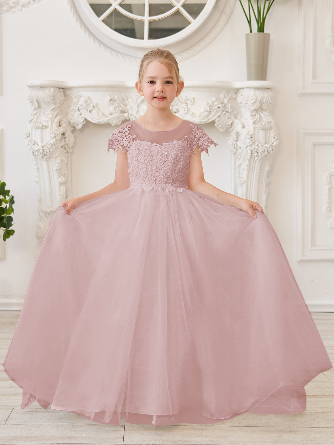 Vestido de niña de las flores para la Primera Comunión, color marfil, con cola desmontable estilo princesa. 