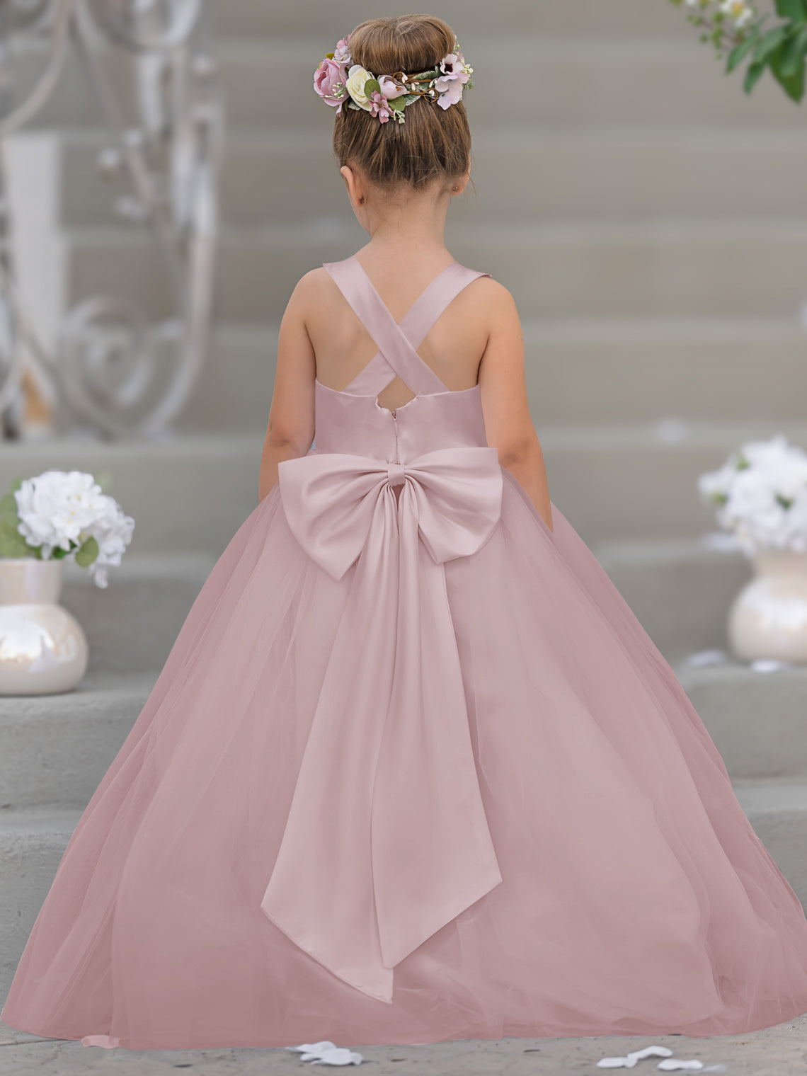 Vestido de niña de las flores clásico de corte en A sin mangas en satén y tul 