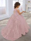 Vestido de princesa rosa para niñas con apliques de encaje 