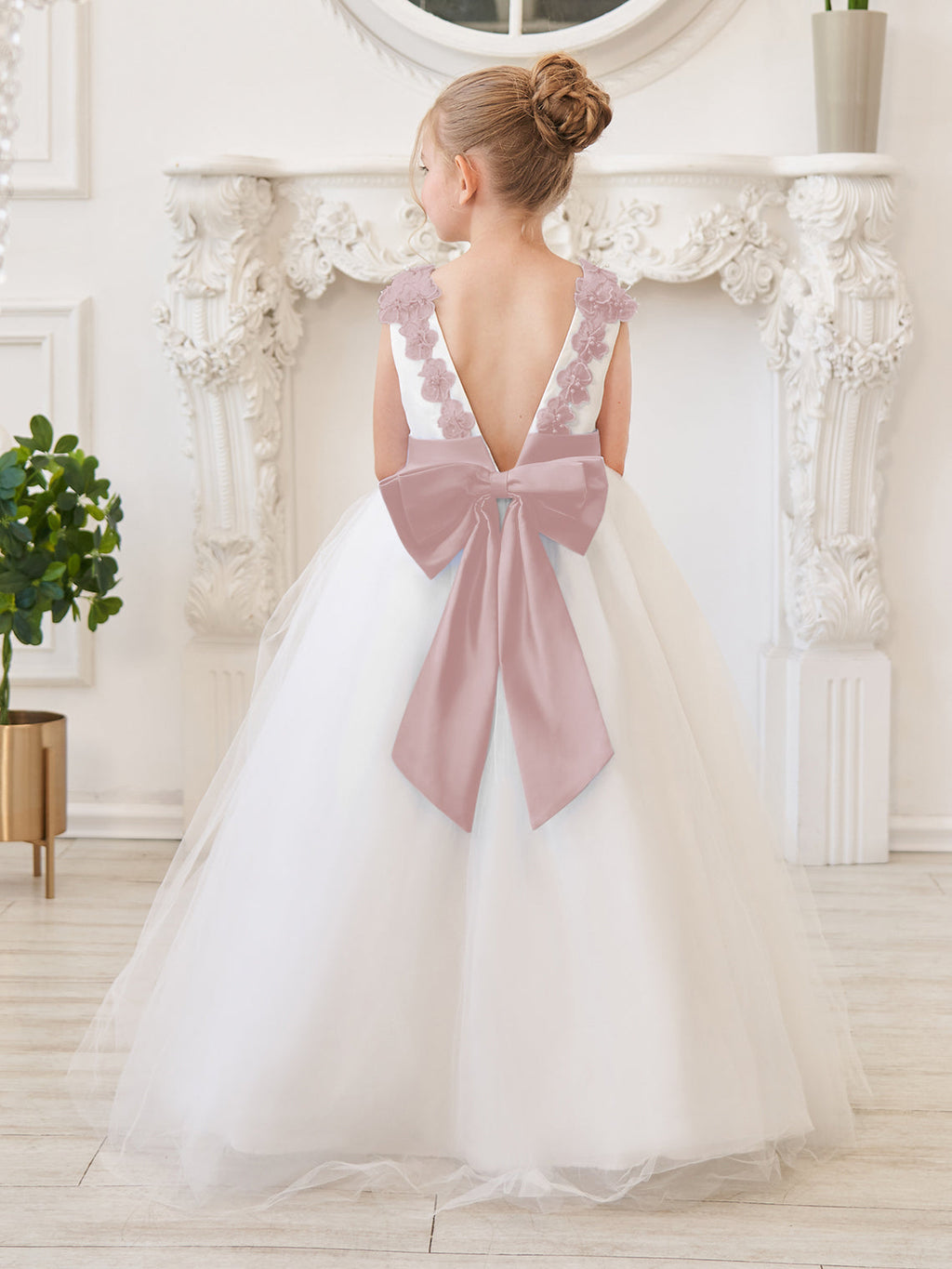 Vestido de princesa/de princesa con flores 3D de tul hasta el suelo, color marfil, para niña de las flores 