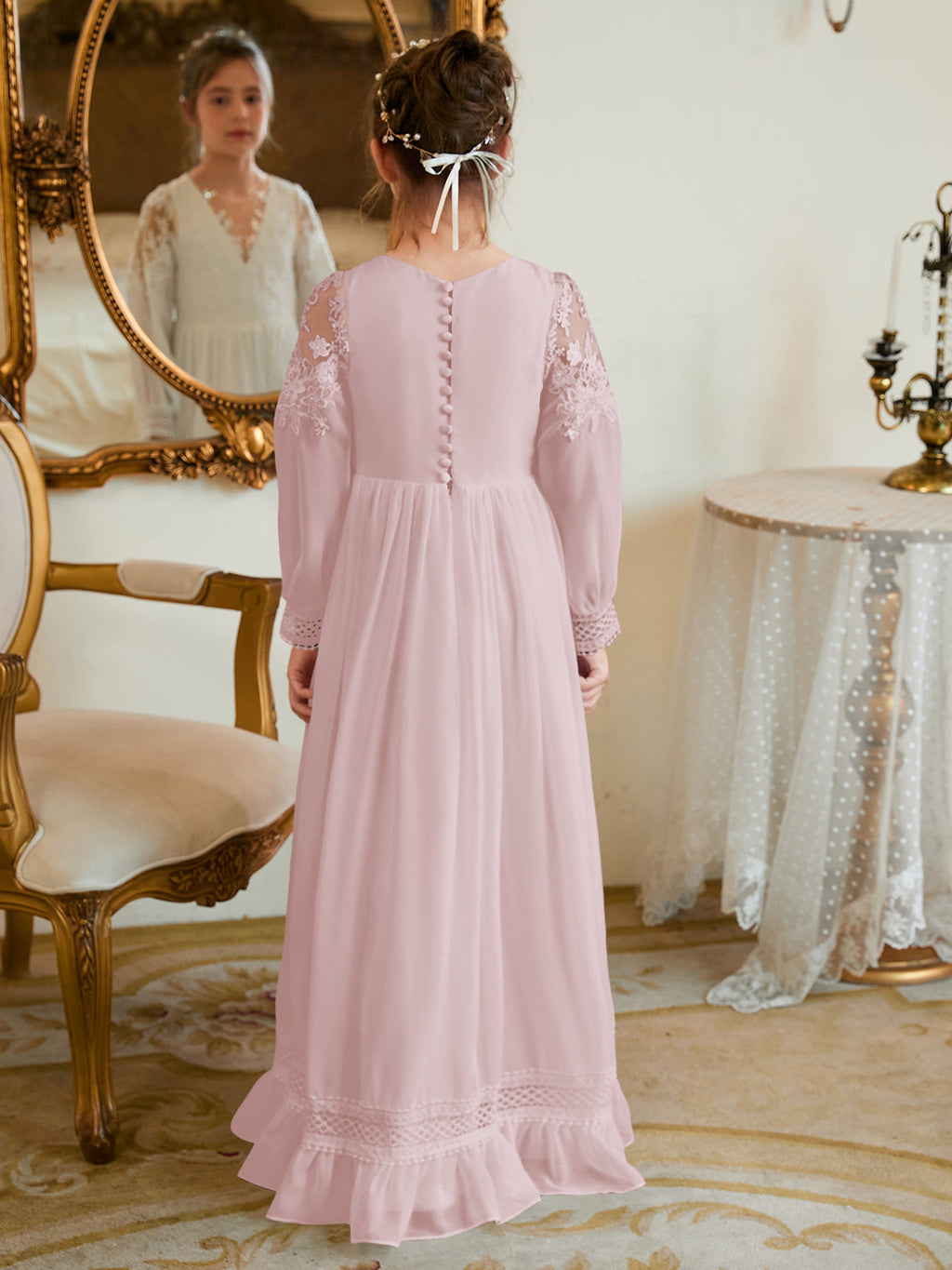 Vestido de Primera Comunión color marfil, corte en A, de gasa hasta el suelo 