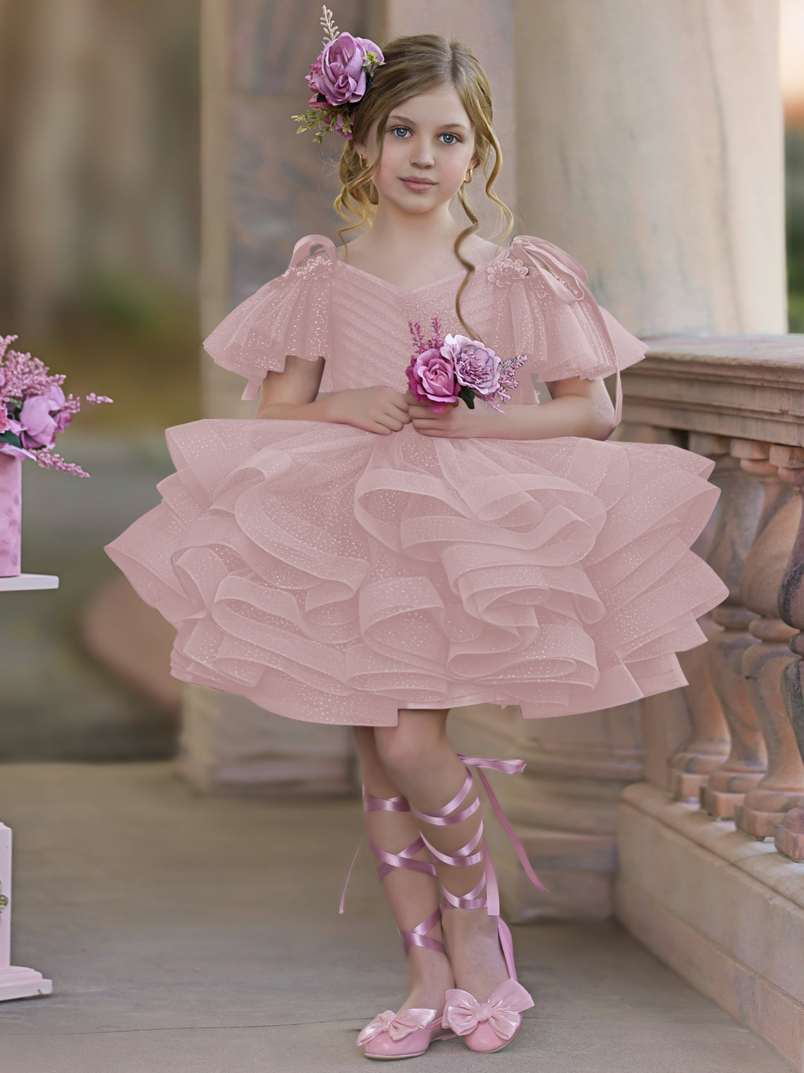 Vestido de princesa/vestido de tul hasta la rodilla para niña de las flores de cumpleaños