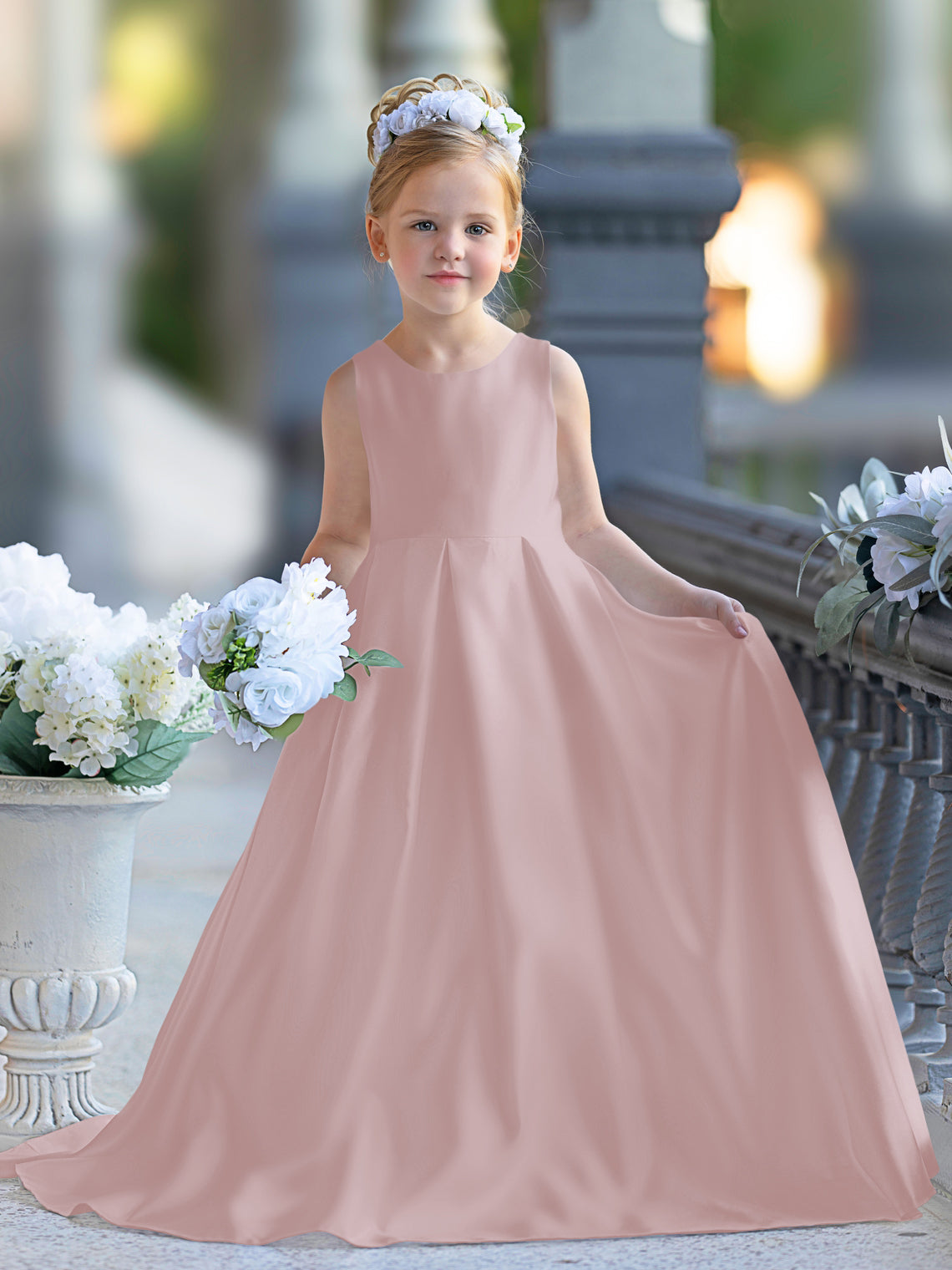 Vestido de niña de las flores para la Primera Comunión, corte en A, encaje y satén, hasta el suelo 
