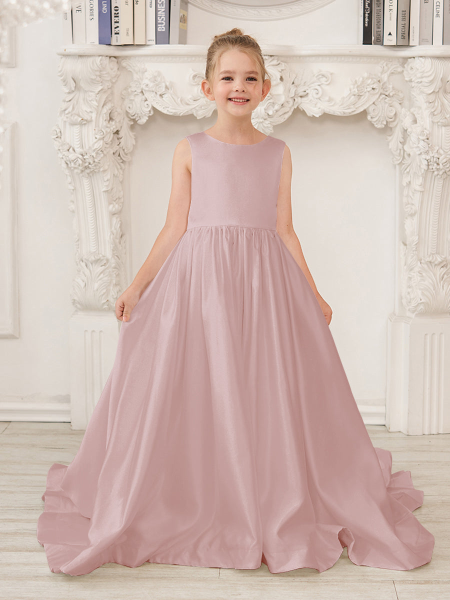 Vestido de niña de las flores de satén sin mangas, corte princesa, con cola y lazo. 