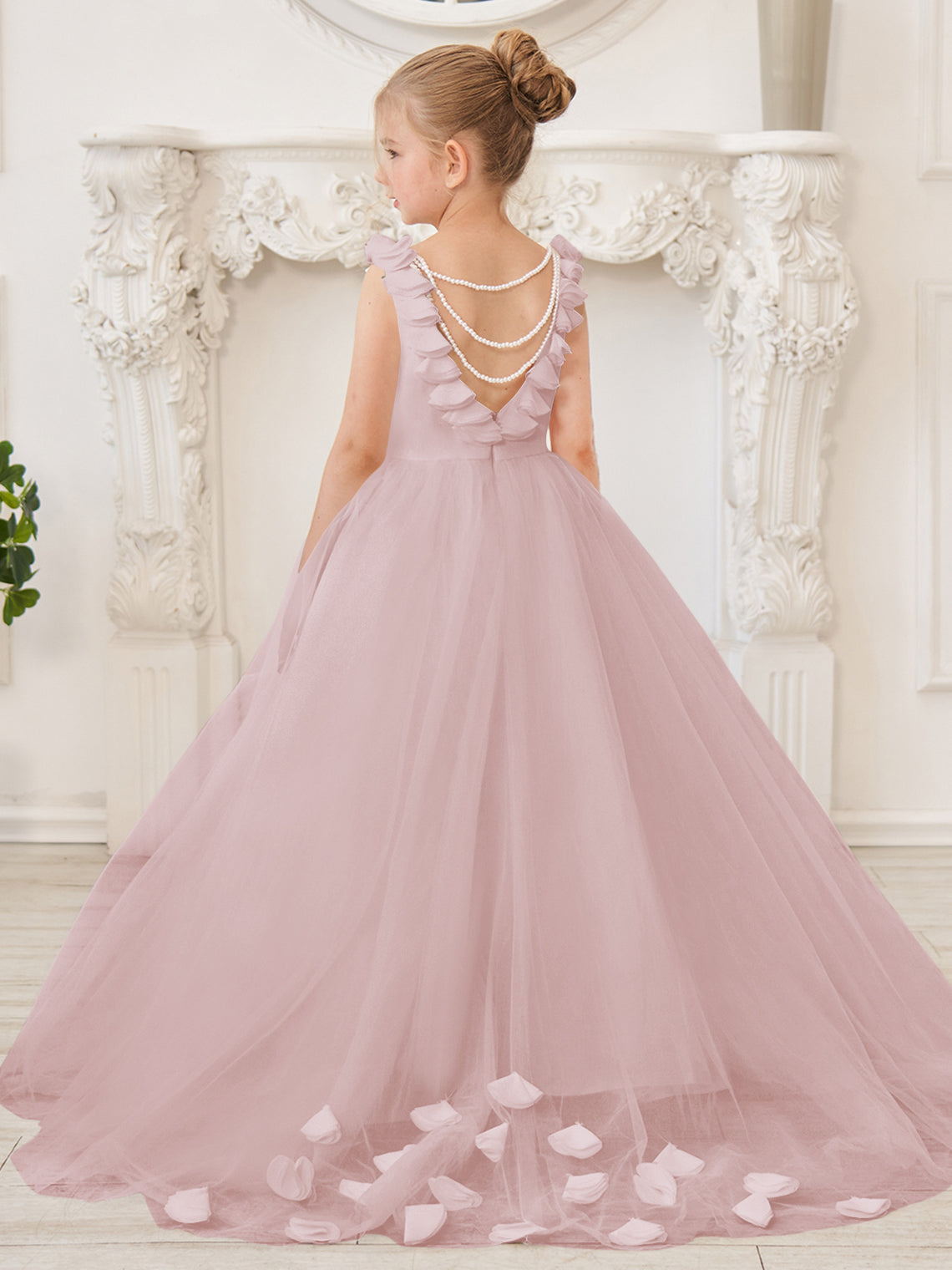 Elegante vestido blanco de tul para niña de las flores con cola corta 
