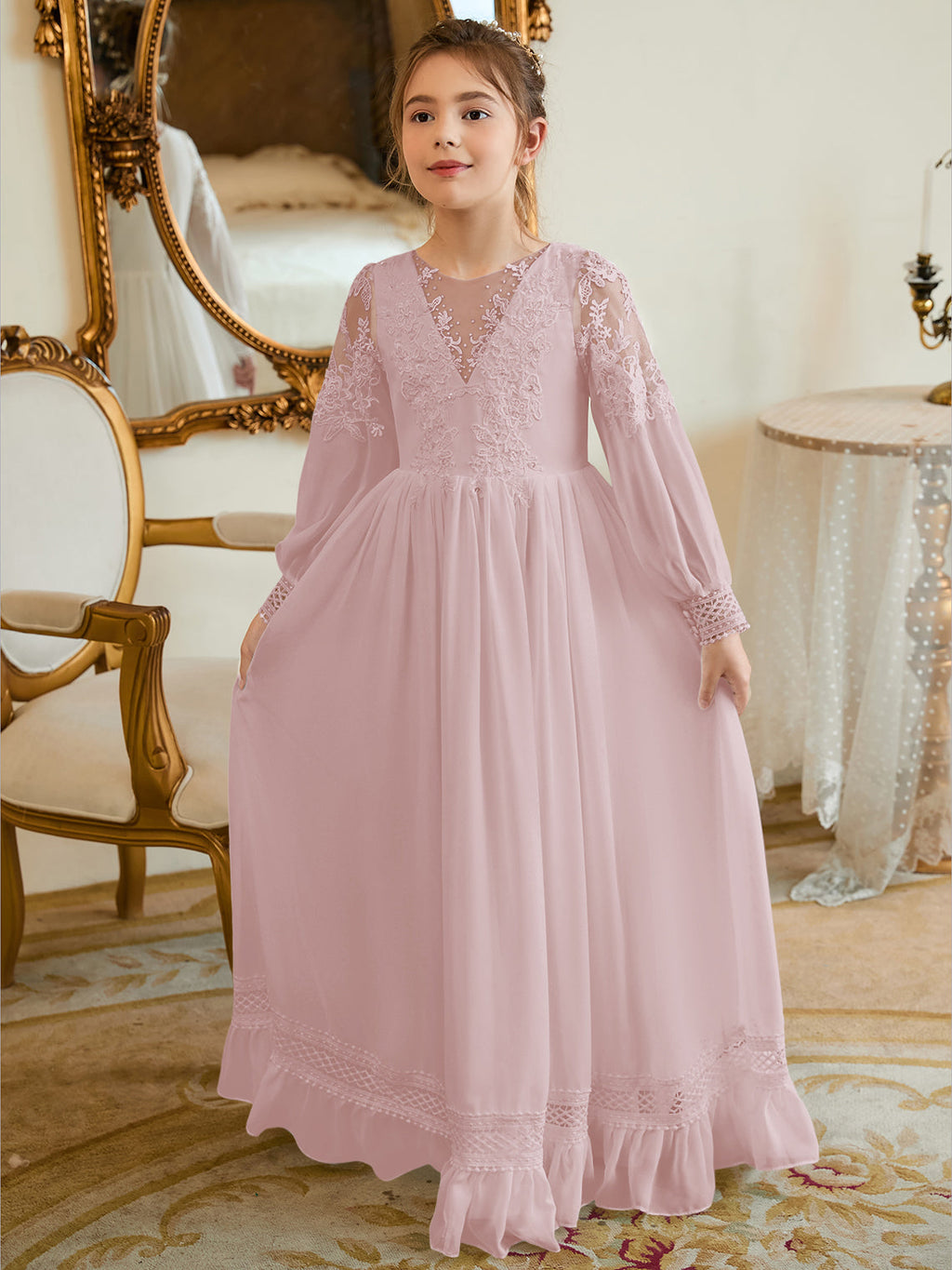 Vestido de Primera Comunión color marfil, corte en A, de gasa hasta el suelo 