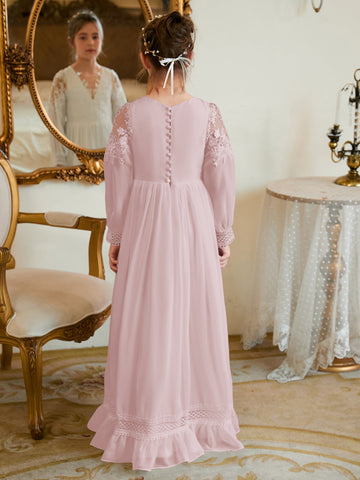 Robe de première communion ivoire en mousseline de soie, coupe trapèze, longueur au sol 