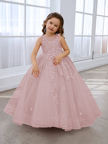 Robe de bal rose de princesse pour filles avec applications de dentelle 